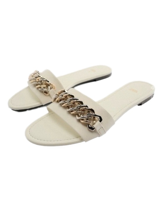 Zara Shoes - ZARA Flat Leather Slide Sandals with Gold/Silver Chain Size 40 NEW NWT
